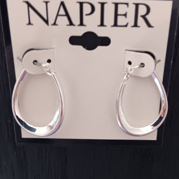 NAPIER Classic Mirror Finish Silver Concave Oval Shaped Hoop Earrings**NEW! - Picture 2 of 3
